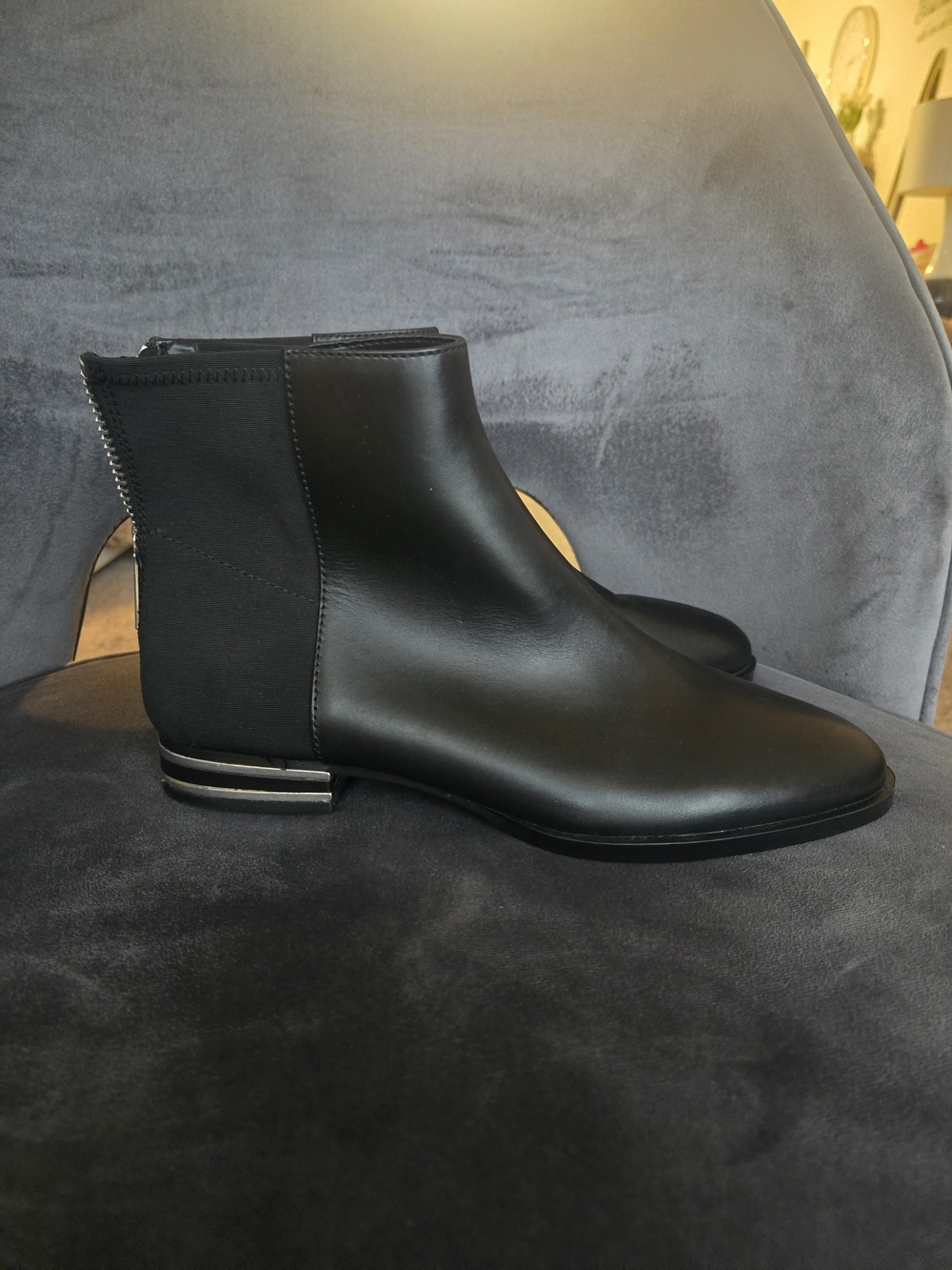 DKNY Black Leather Ankle Booties with Silver Heel Trim